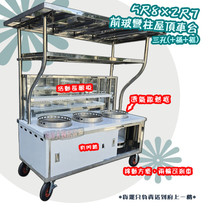 【5.8尺x2.7尺車台(前玻+平屋頂+門鎖)彎柱,三孔(含隔熱桶、散熱框).輪】攤車/車仔台