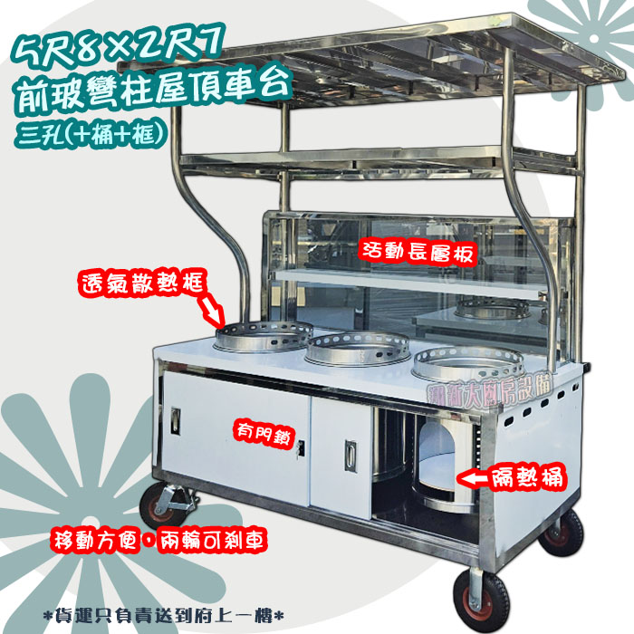 【5.8尺x2.7尺車台(前玻+平屋頂+門鎖)彎柱,三孔(含隔熱桶、散熱框).輪】攤車/車仔台:圖片 6